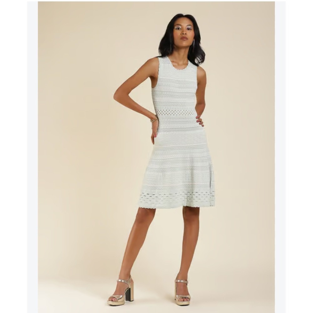 Lauren Ralph Lauren Silver Metallic Knit Pointelle Fit & Flare Festive Dress L